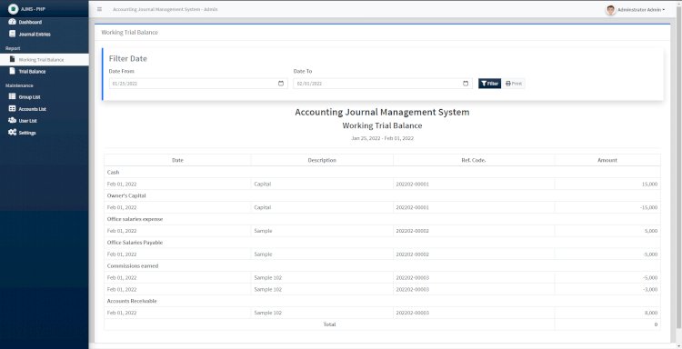 Accounting Journal Management System with Trial Balance in PHP Free Source Code