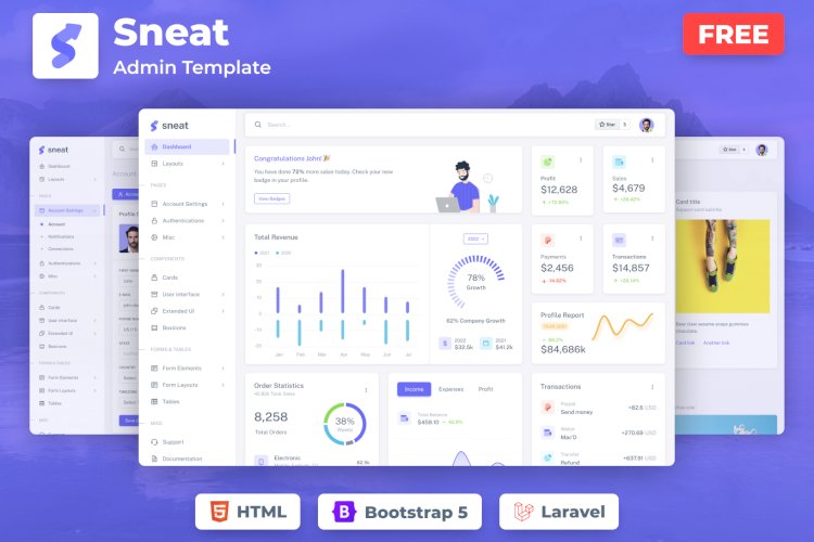 Sneat – Open Source Bootstrap 5 HTML Laravel Admin Template