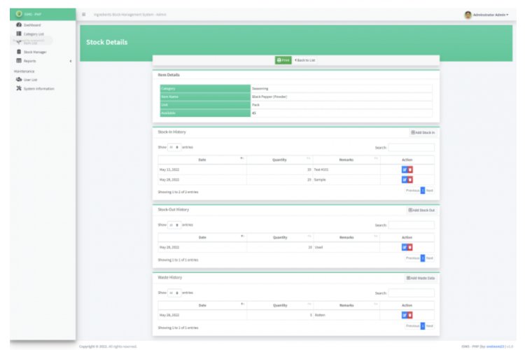 Ingredients Stock Management System in PHP/OOP Free Source Code